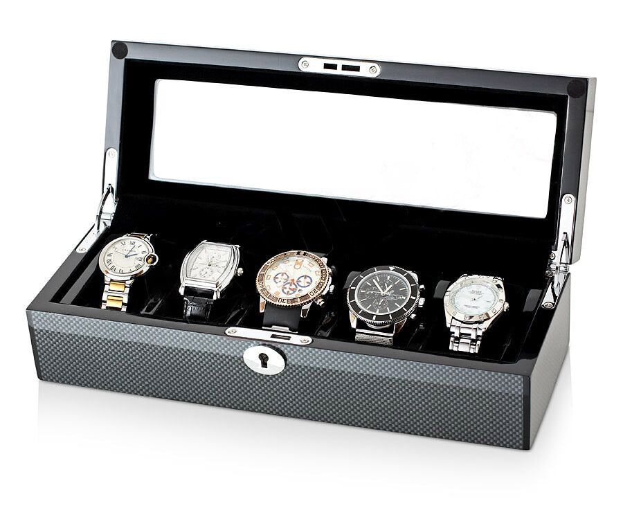 Premium Carbon Fiber Watch Box Organizer for 5 Watches – High-Gloss Lacquer Finish & Black Suede