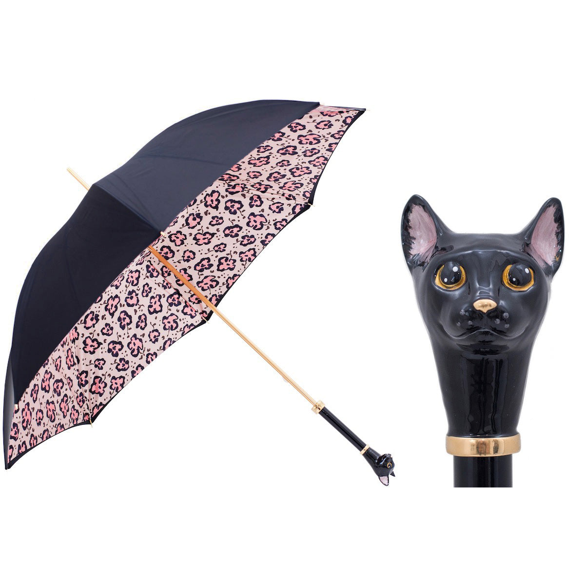 Parasol PASOTTI 93 cm, czarny kot, emaliowany uchwyt, zwierzęcy nadruk, Włochy