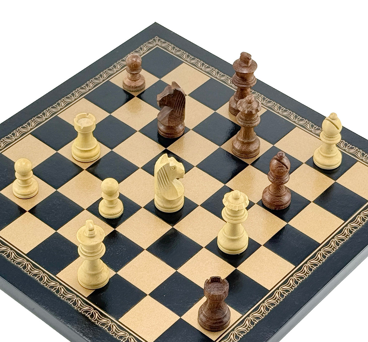 Schachfiguren aus Akazienholz mit Schachbrett aus Öko-Leder (26x26 cm)