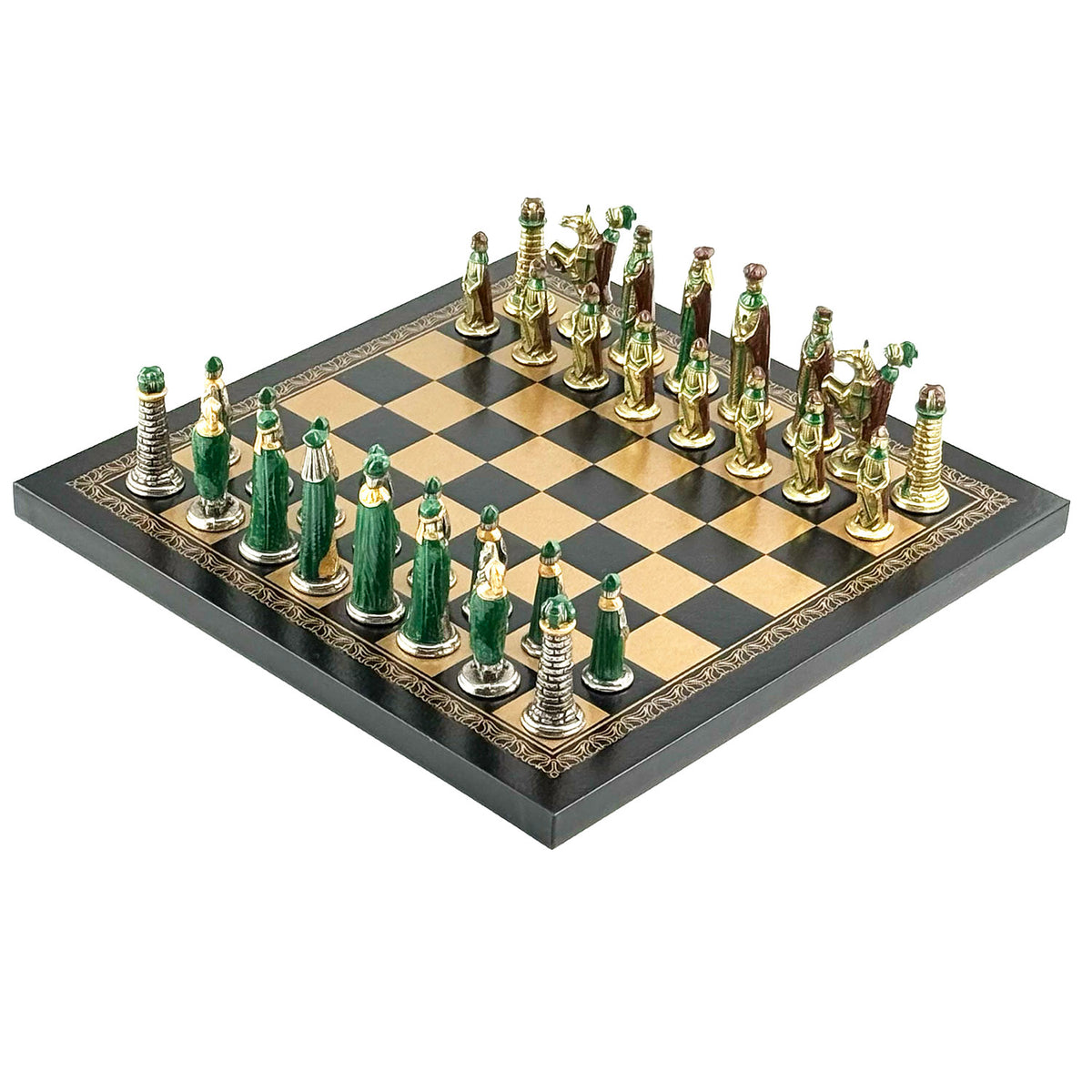 Italfama Mittelalterliches Metall-Schachspiel mit Schachbrett aus Öko-Leder (26x26 cm)