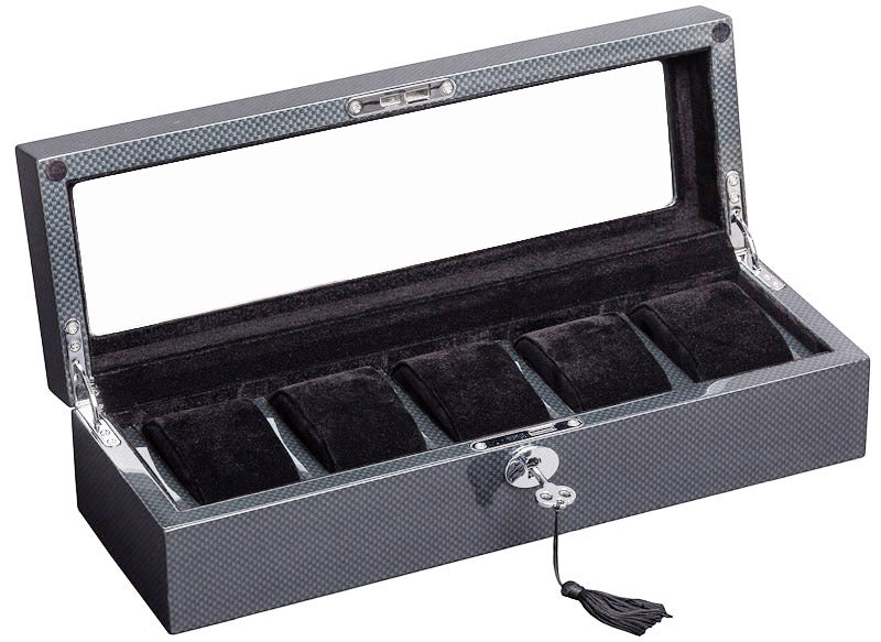 Premium Carbon Fiber Watch Box Organizer for 5 Watches – High-Gloss Lacquer Finish & Black Suede