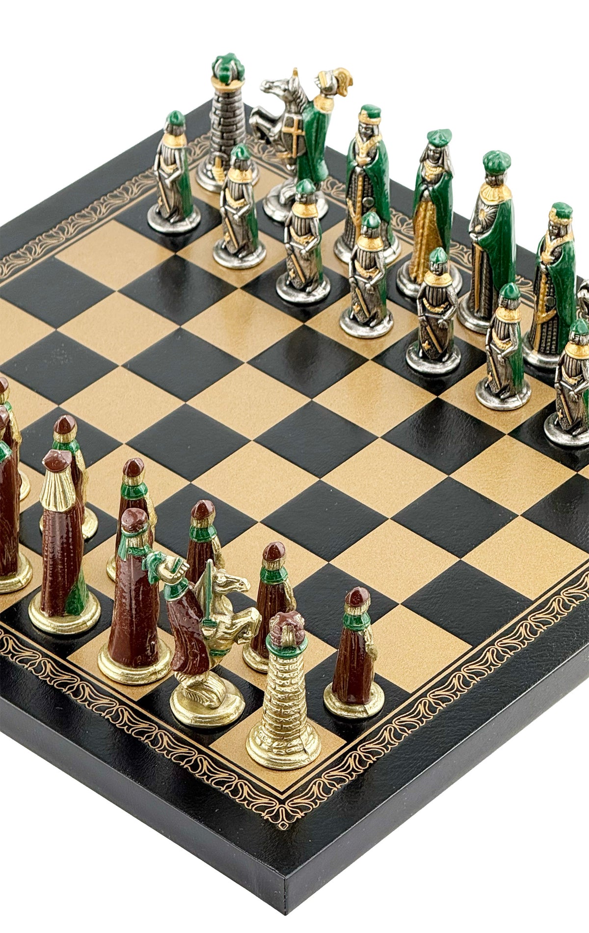Italfama Mittelalterliches Metall-Schachspiel mit Schachbrett aus Öko-Leder (26x26 cm)