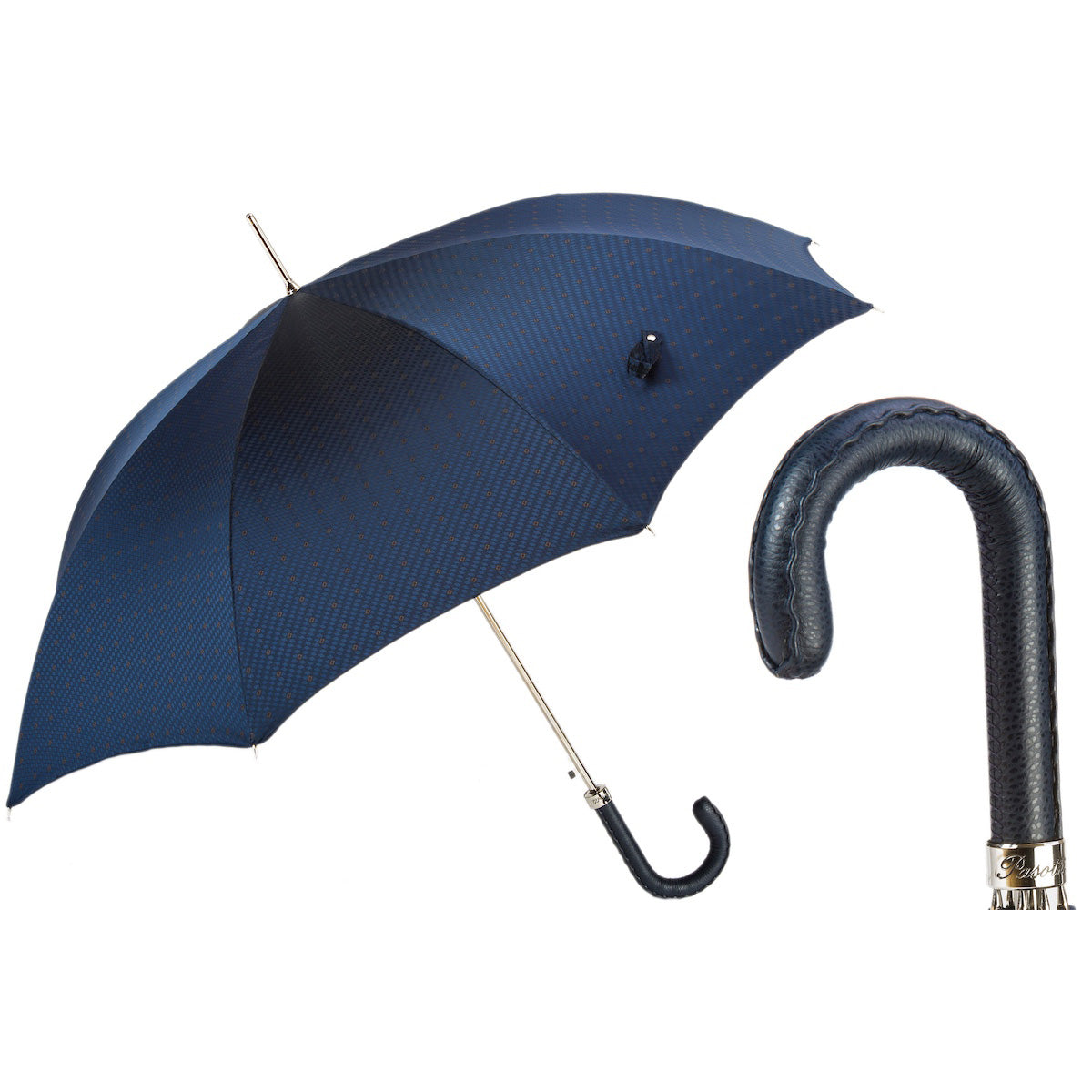 Parasol męski PASOTTI 95 cm, granatowy, skórzany, ręczny, włoski, luksusowy
