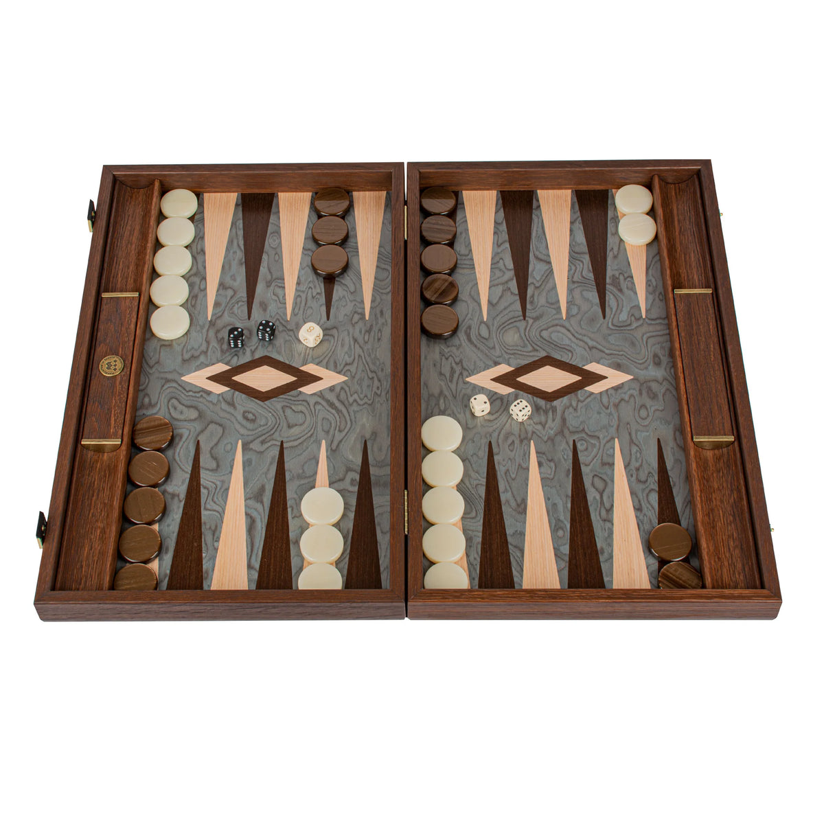 Luxuriöses Manopoulos Backgammon-Set Perlgrau Vavona-Eiche 48x26