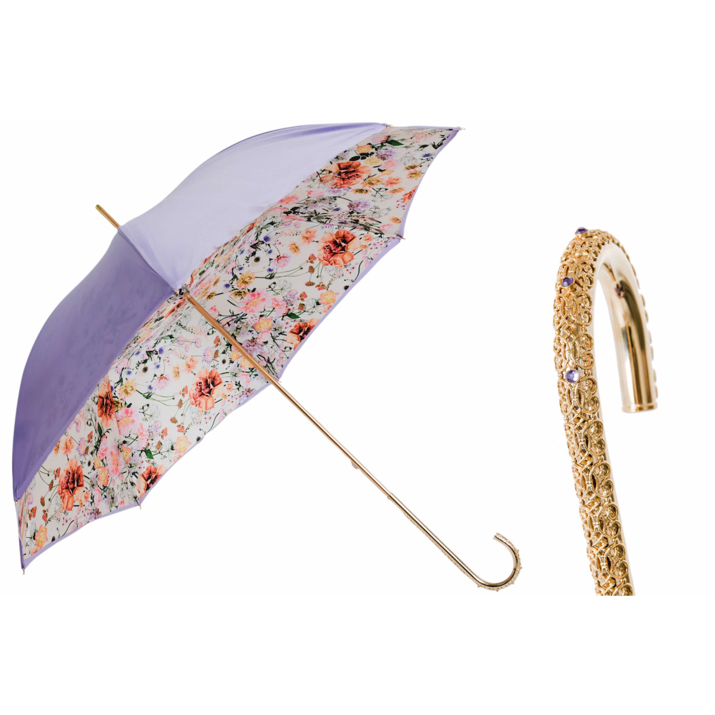 PASOTTI Parasol Fiori di Campo 93 cm Wysadzany klejnotami mosiężny uchwyt Podwójny materiał