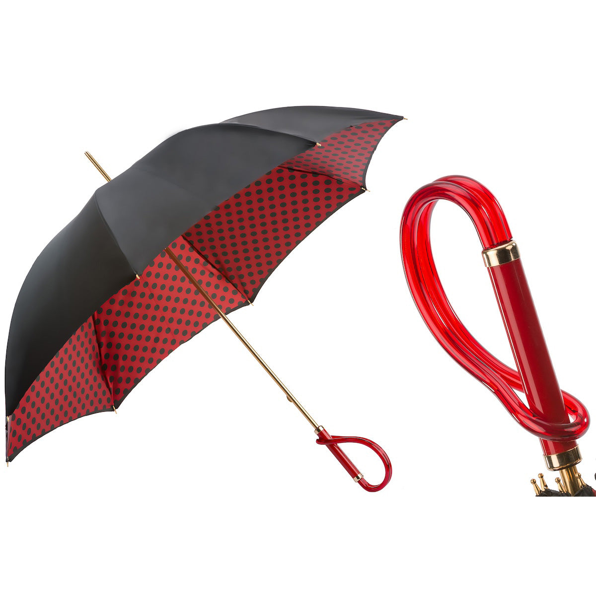 Parasol PASOTTI 93 cm, czarno-czerwony, w kropki, z podwójnym uchwytem z octanu