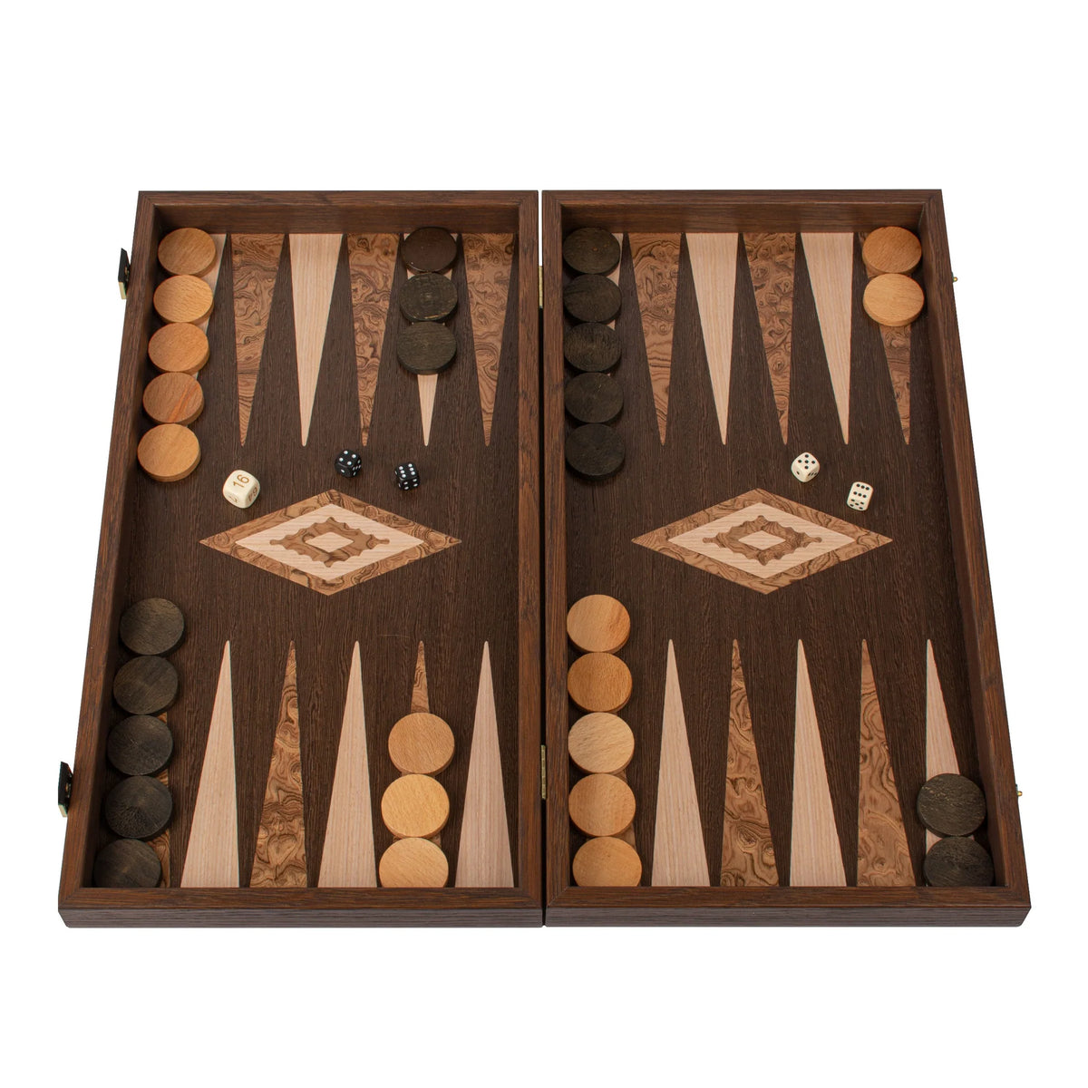 Großes Manopoulos Backgammon-Set Wenge Wurzelholz Eiche 48x26