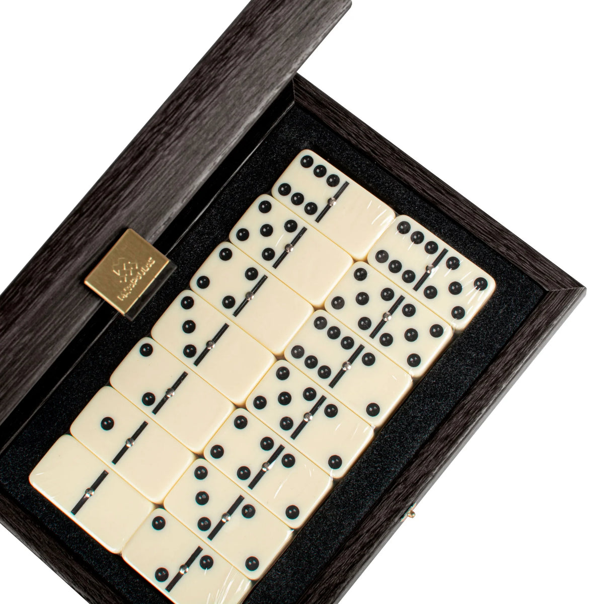 Premium Manopoulos Dominospiel, dunkelgraues Kunstleder-Holzetui, Geschenk