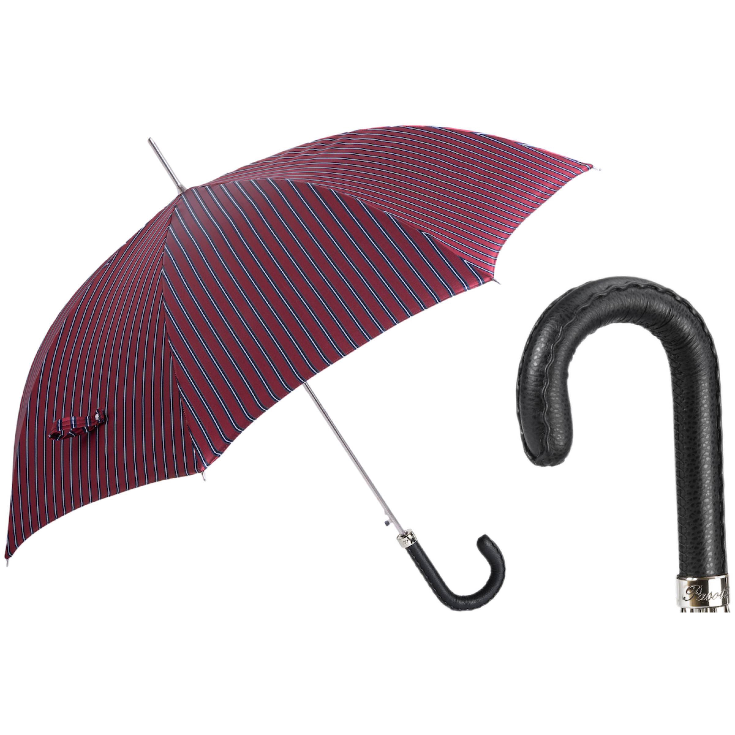 PASOTTI Parasol męski w paski 95 cm, skórzany uchwyt, ręczny, Włochy